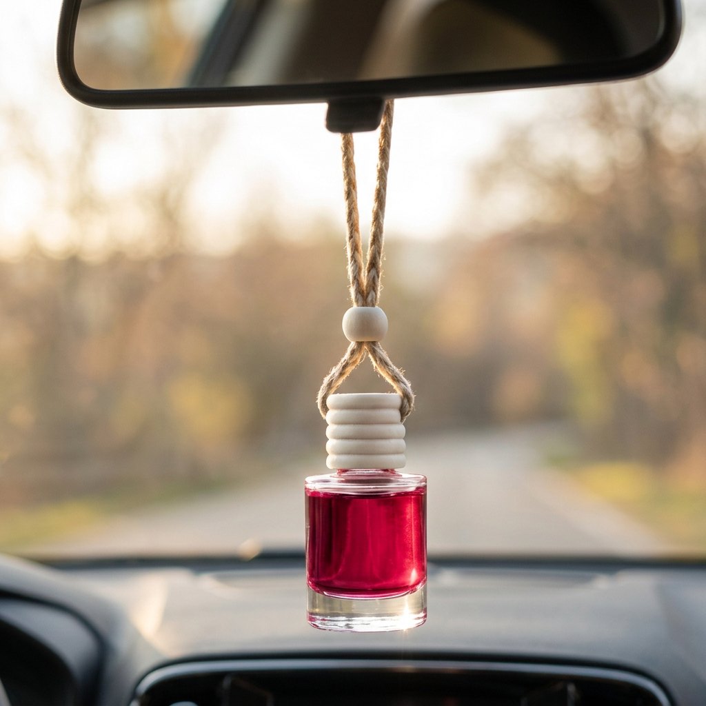 Dragons Blood car air freshener hanging from a rearview mirror
