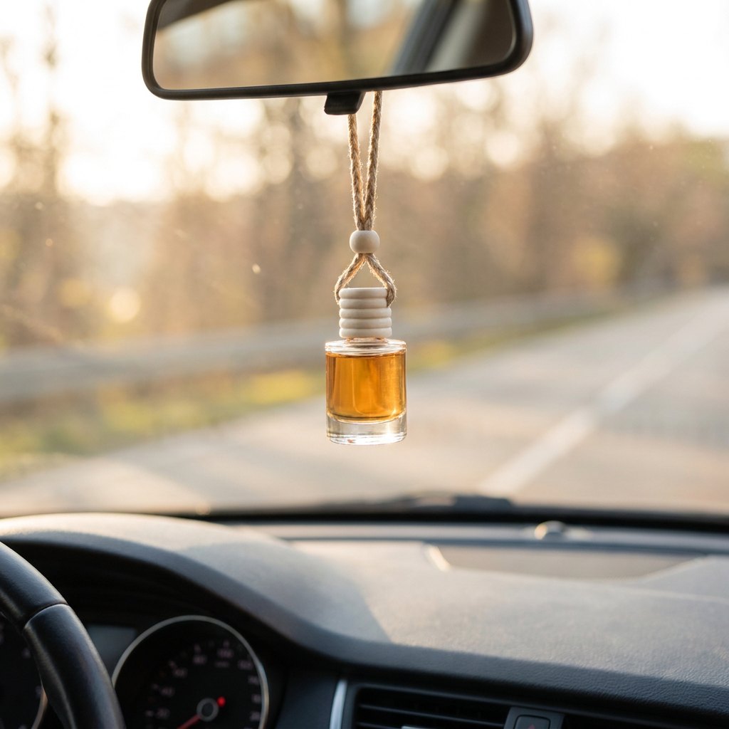 Eat Me Raw car air freshener hanging from a rearview mirror