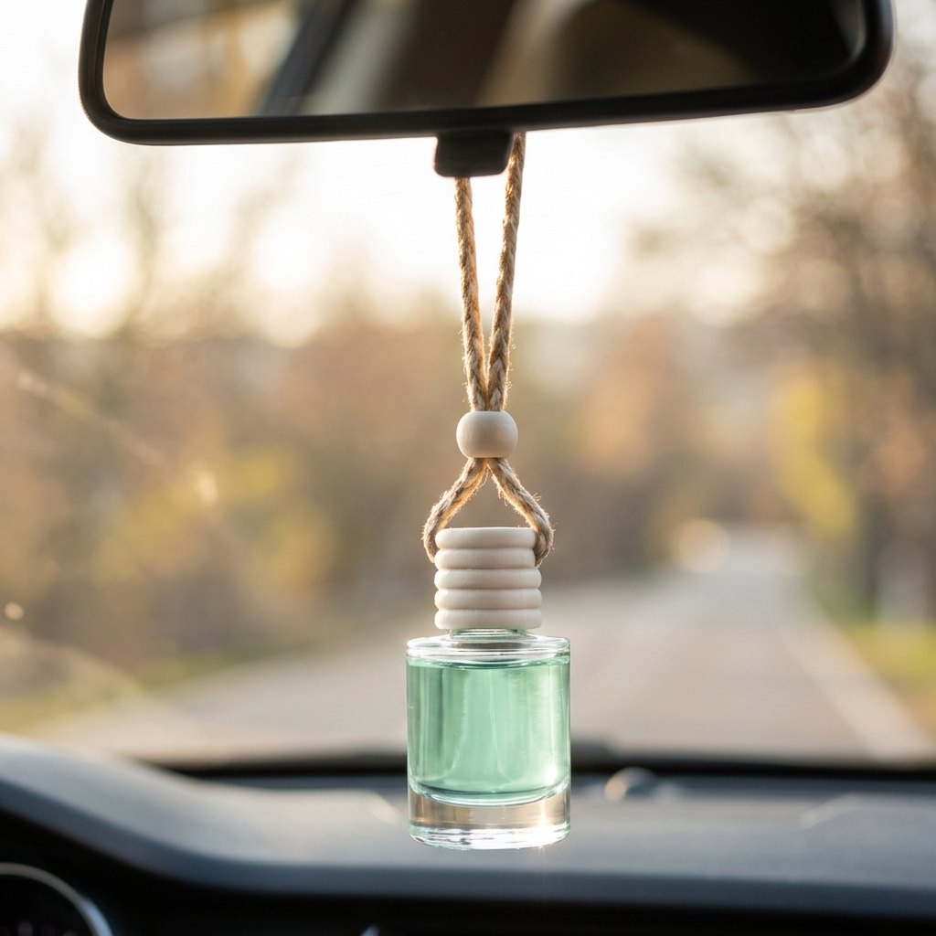 Eucalyptus car air freshener hanging from a rearview mirror