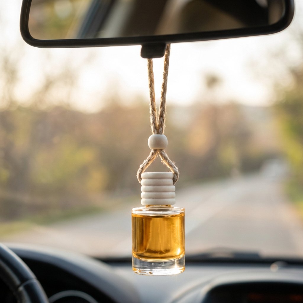 Honey Vanilla car air freshener hanging from a rearview mirror