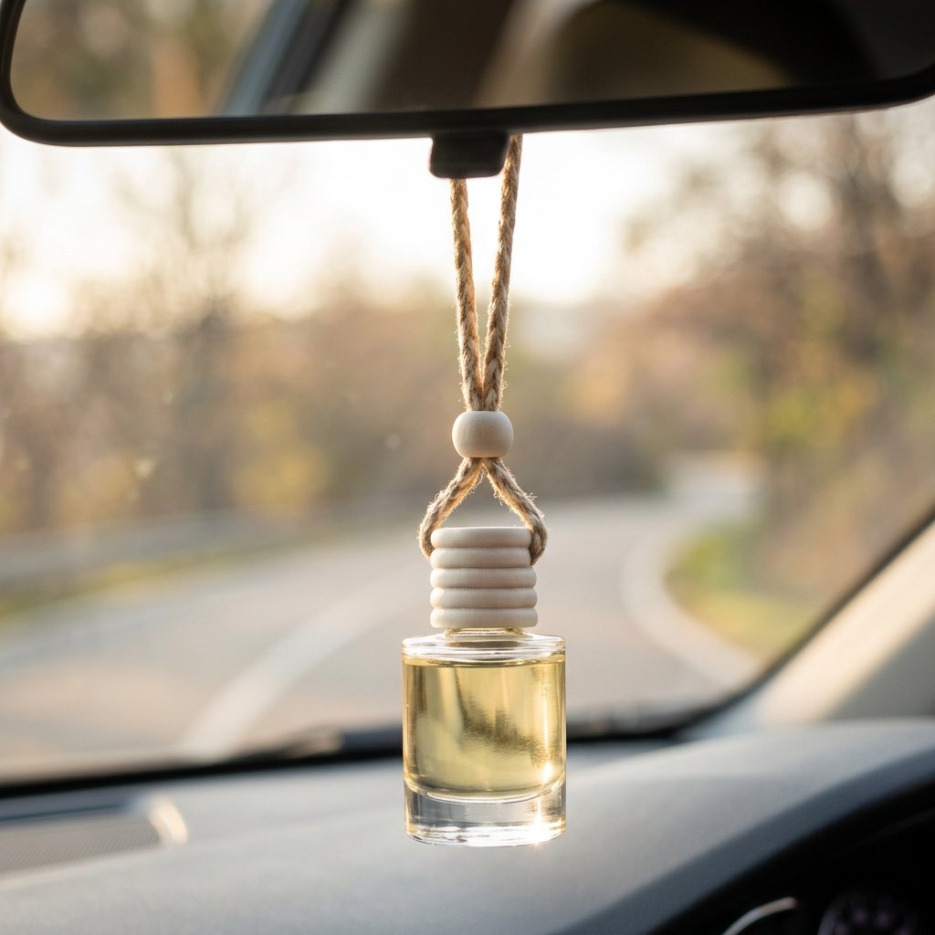 Jasmine car air freshener hanging from a rearview mirror