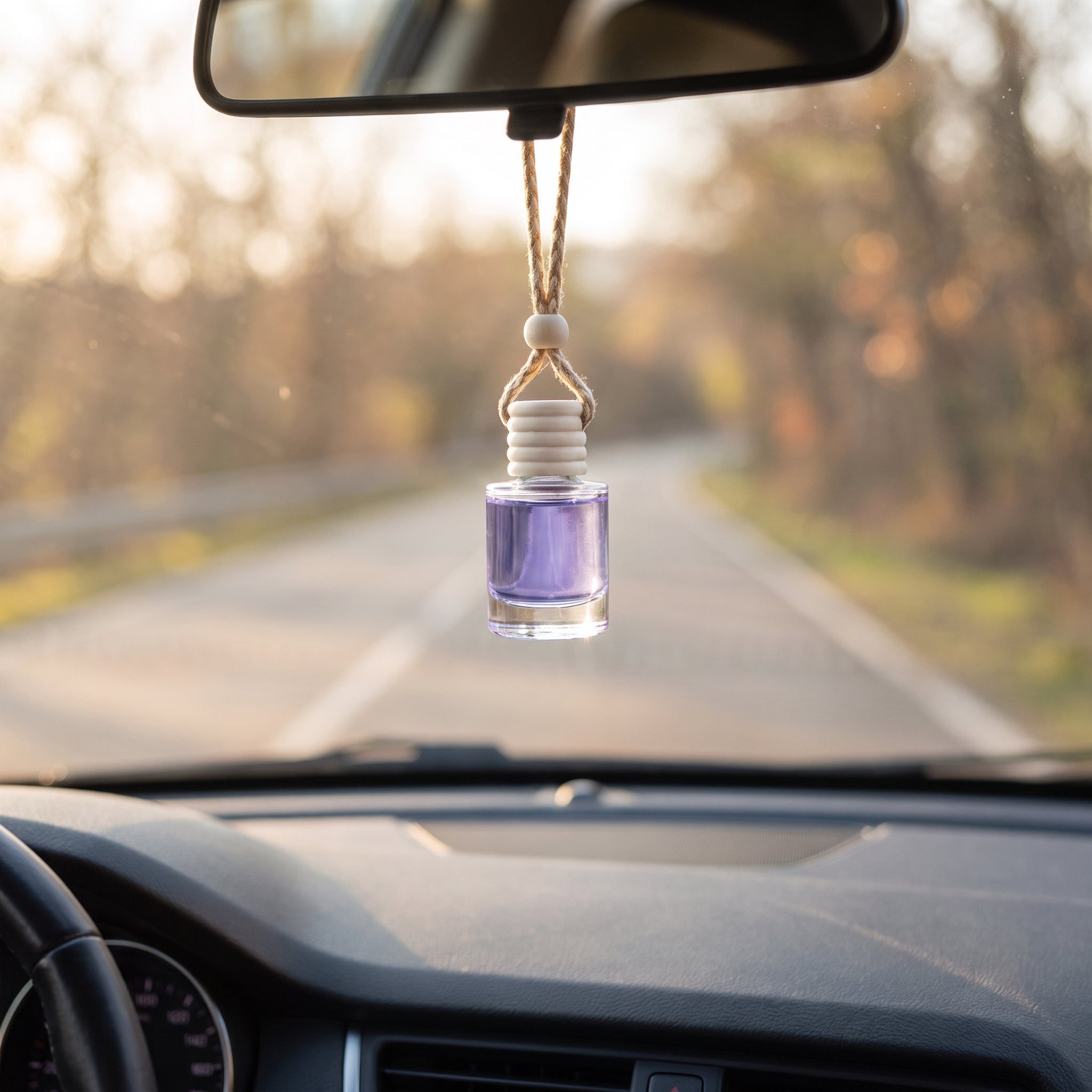 Lavender car air freshener hanging from a rearview mirror