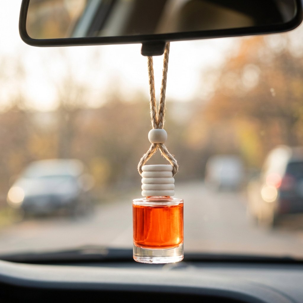 Orange car air freshener hanging from a rearview mirror