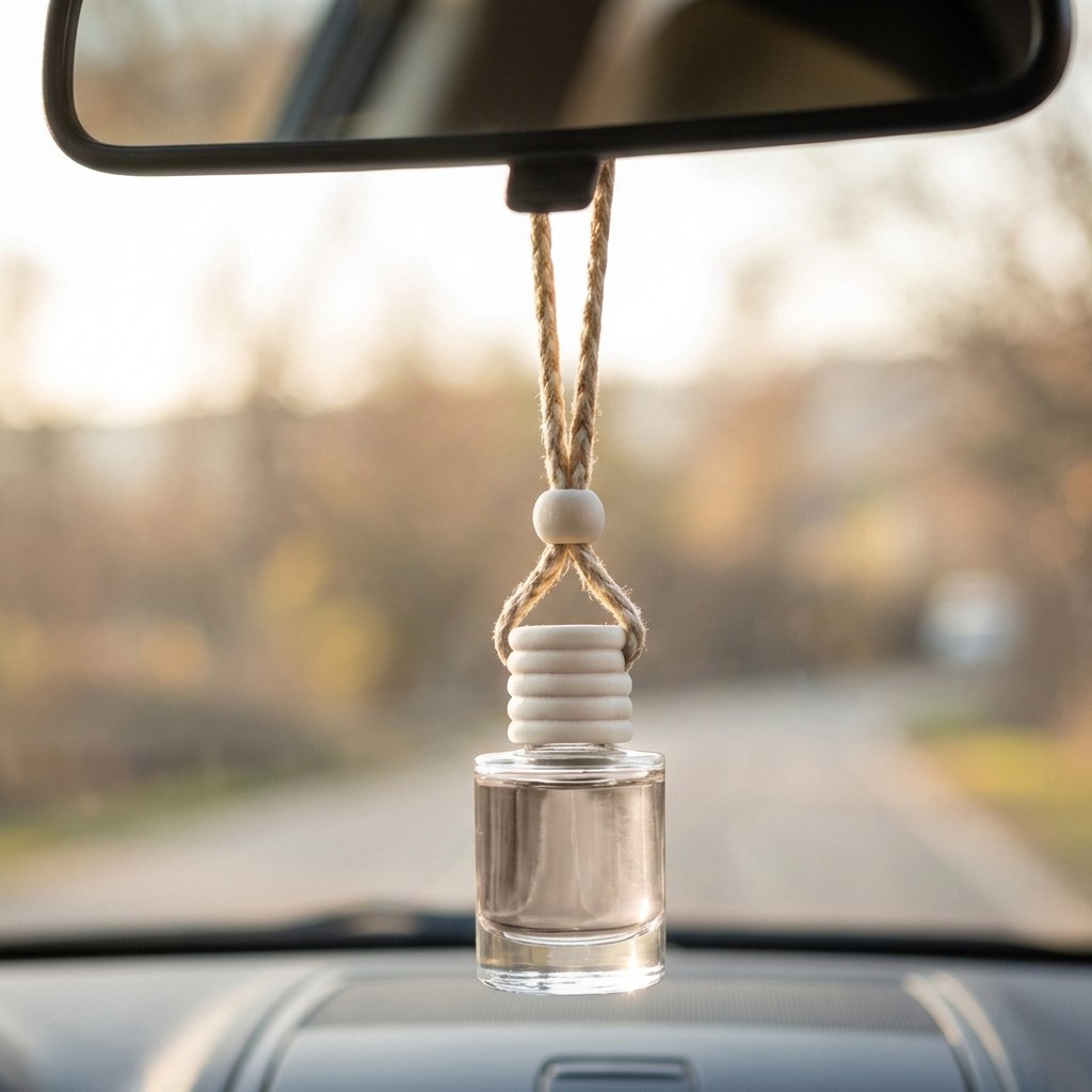 Palo Santo car air freshener hanging from a rearview mirror