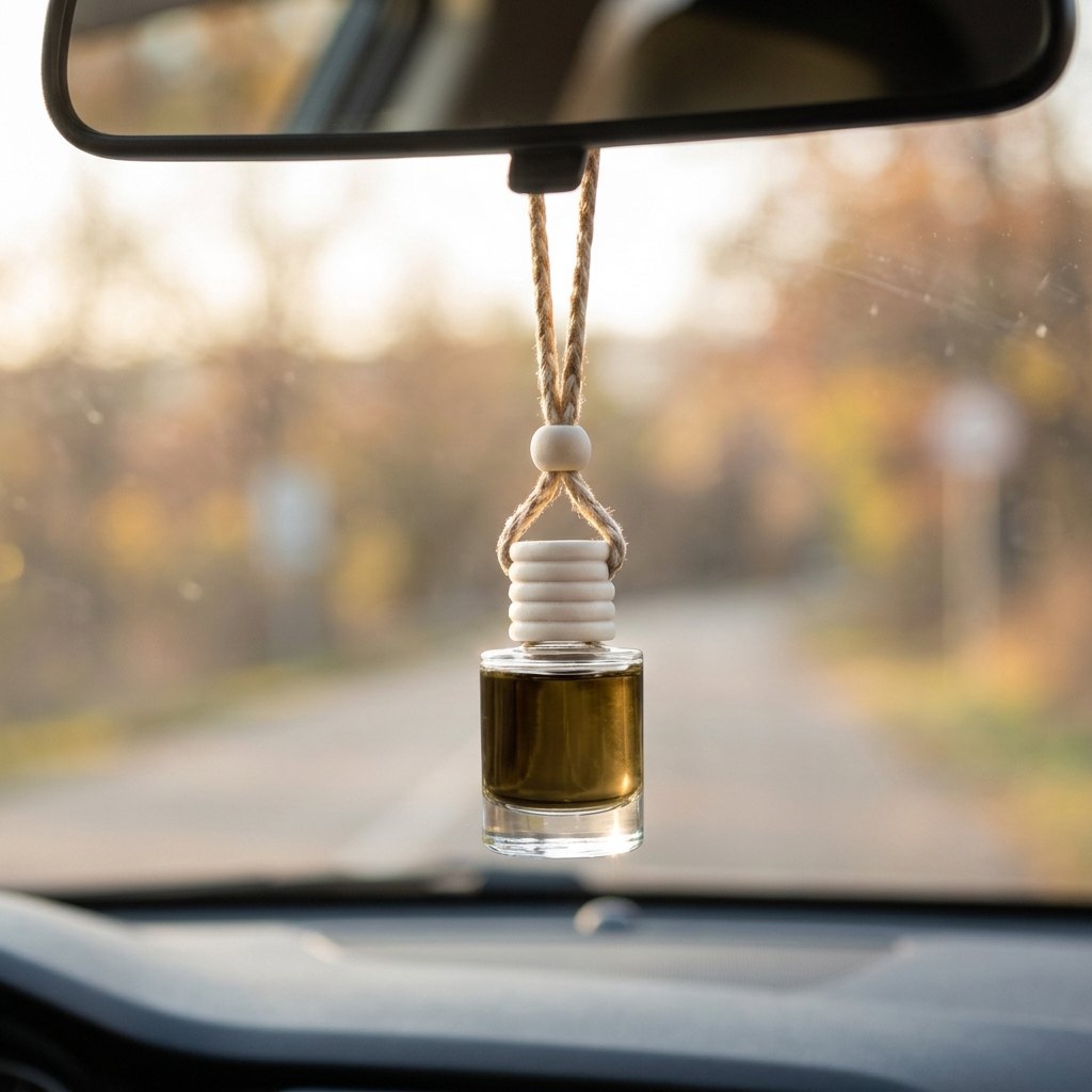 Patchouli car air freshener hanging from a rearview mirror