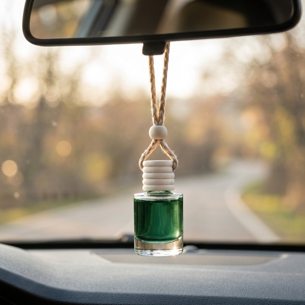 Pine car air freshener hanging from a rearview mirror