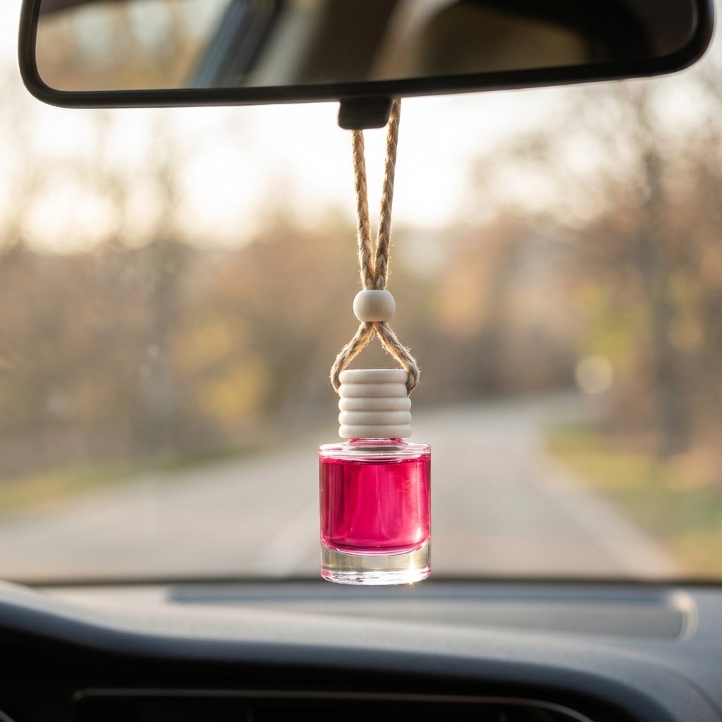 Raspberry car air freshener hanging from a rearview mirror