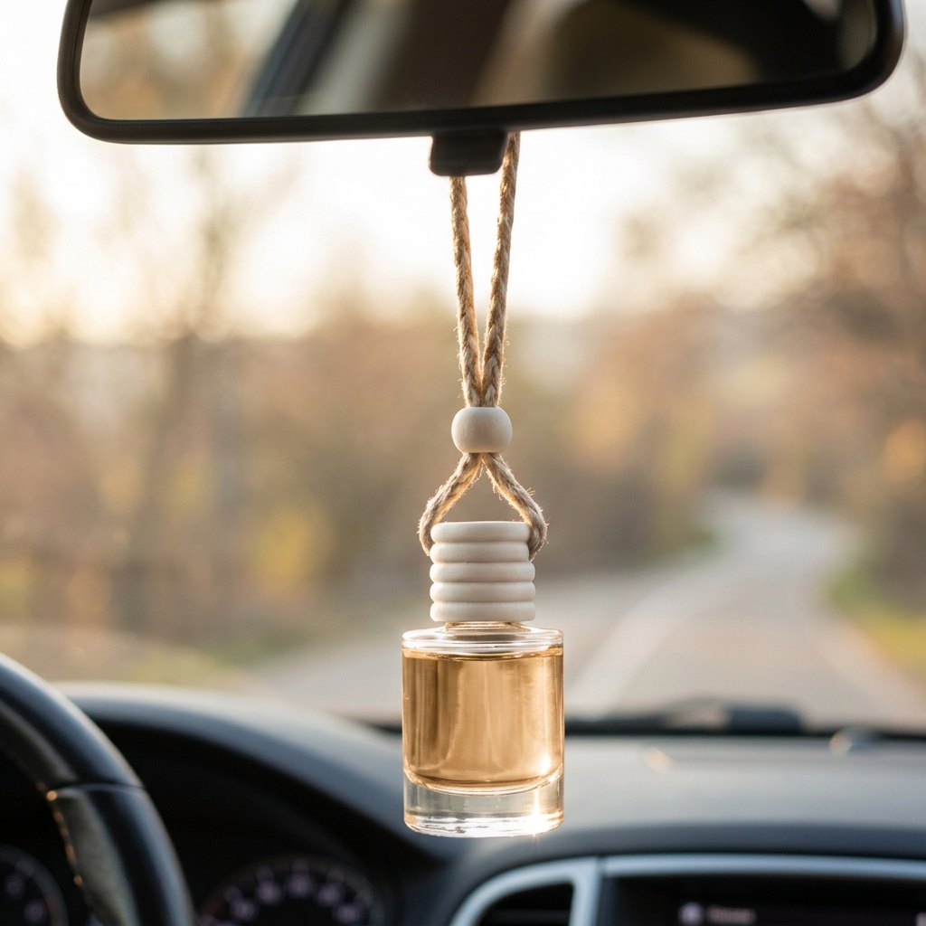 Sandalwood car air freshener hanging from a rearview mirror