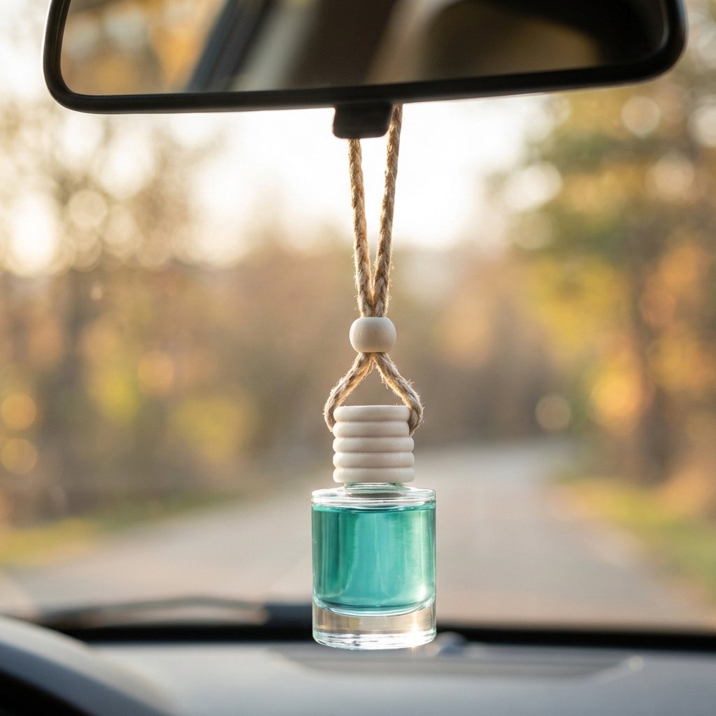 The Blue One car air freshener hanging from a rearview mirror